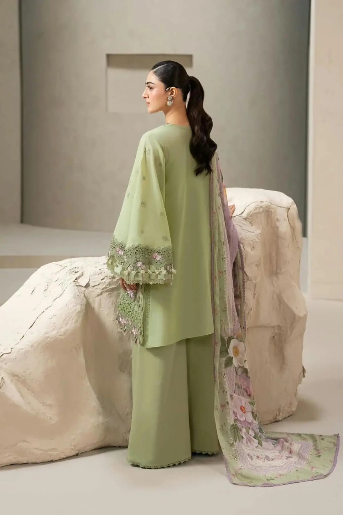 EHC-6A Basil Elaf stitched Chikankari lawn 3PC suit with embroidered shirt, cambric trouser and printed chiffon dupatta