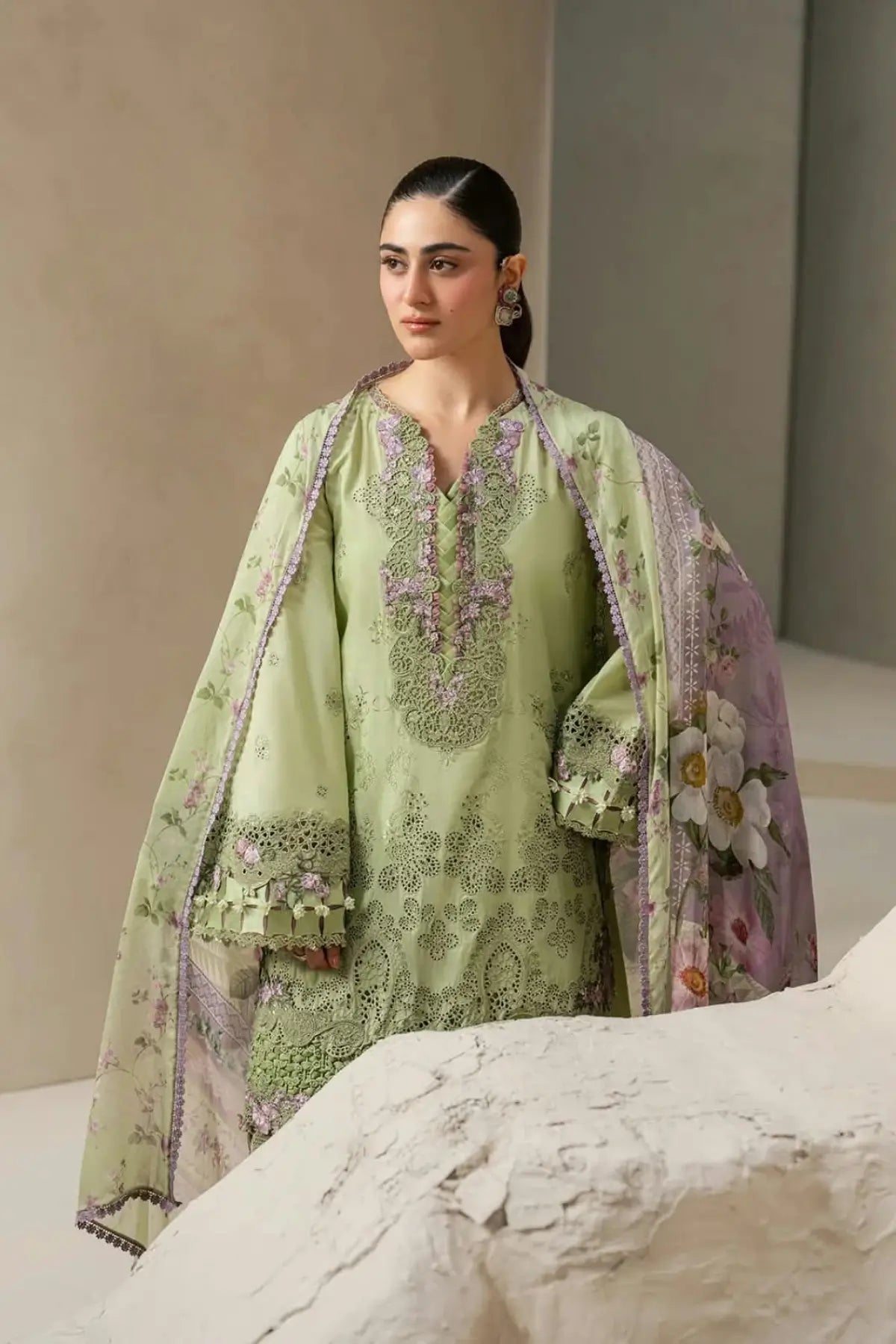 EHC-6A Basil Elaf stitched Chikankari lawn 3PC suit with embroidered shirt, cambric trouser and printed chiffon dupatta