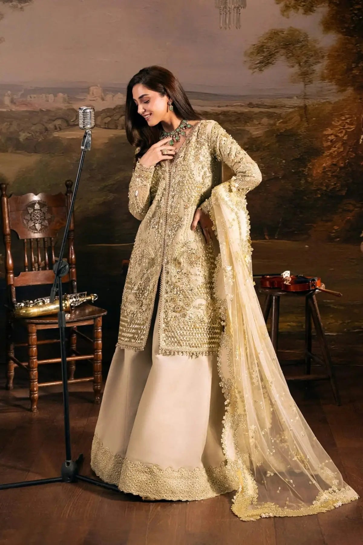 HM-01 Opera champagne gold organza formal stitched 3PC suit from Elaf Serenade The Formal Handwork 26 with hand embellishment and net dupatta
