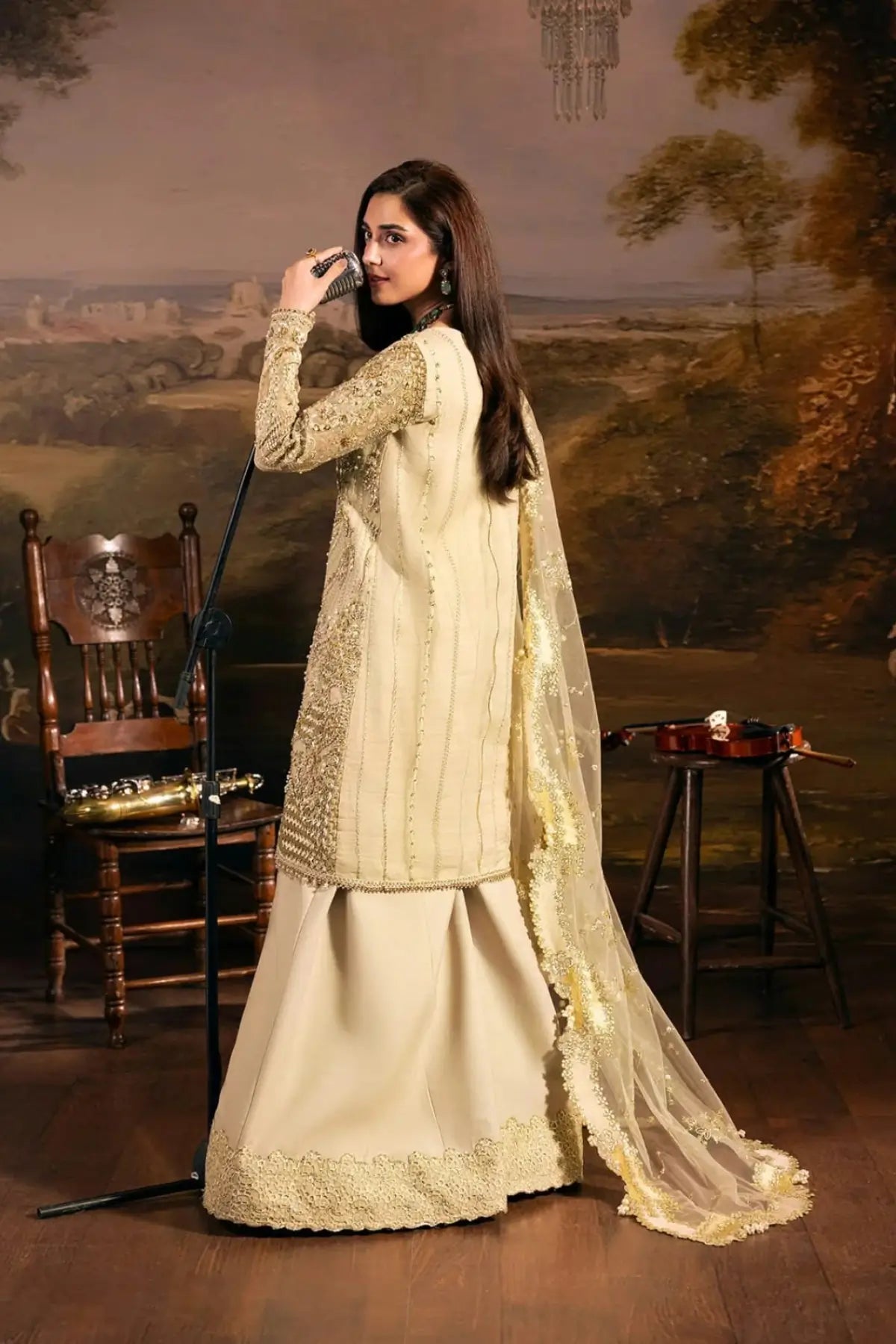 HM-01 Opera champagne gold organza formal stitched 3PC suit from Elaf Serenade The Formal Handwork 26 with hand embellishment and net dupatta