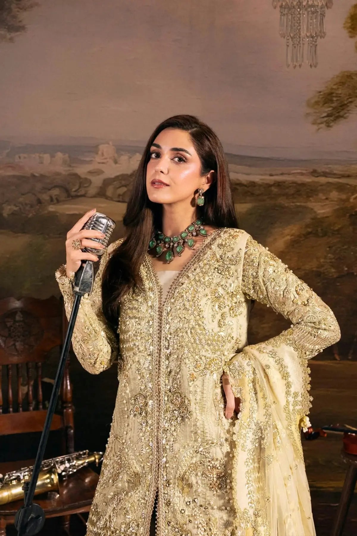HM-01 Opera champagne gold organza formal stitched 3PC suit from Elaf Serenade The Formal Handwork 26 with hand embellishment and net dupatta
