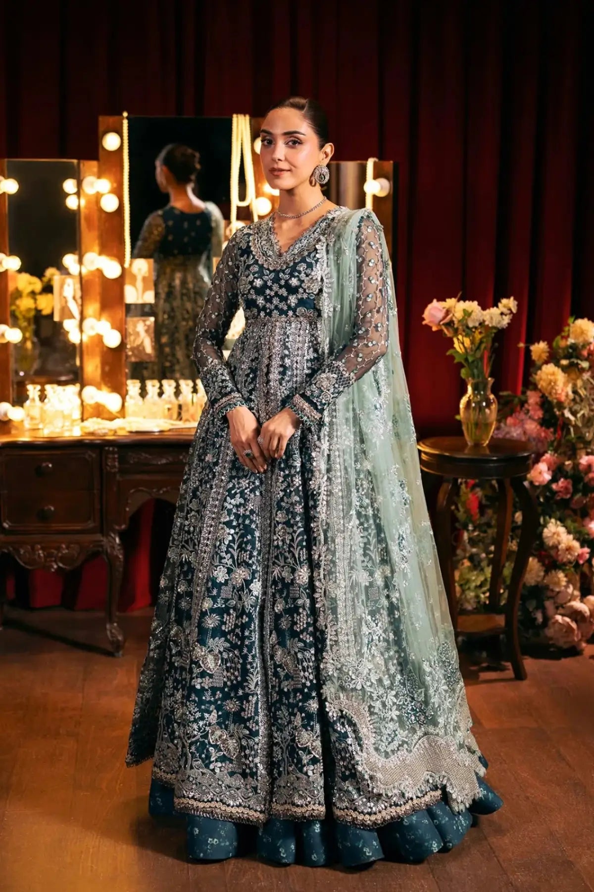 EHM-02 Melodie deep teal embellished stitched gown with lehenga and embroidered net dupatta from Elaf Serenade Formal Handwork 26