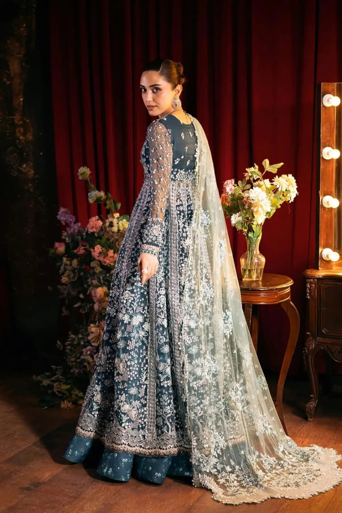 EHM-02 Melodie deep teal embellished stitched gown with lehenga and embroidered net dupatta from Elaf Serenade Formal Handwork 26