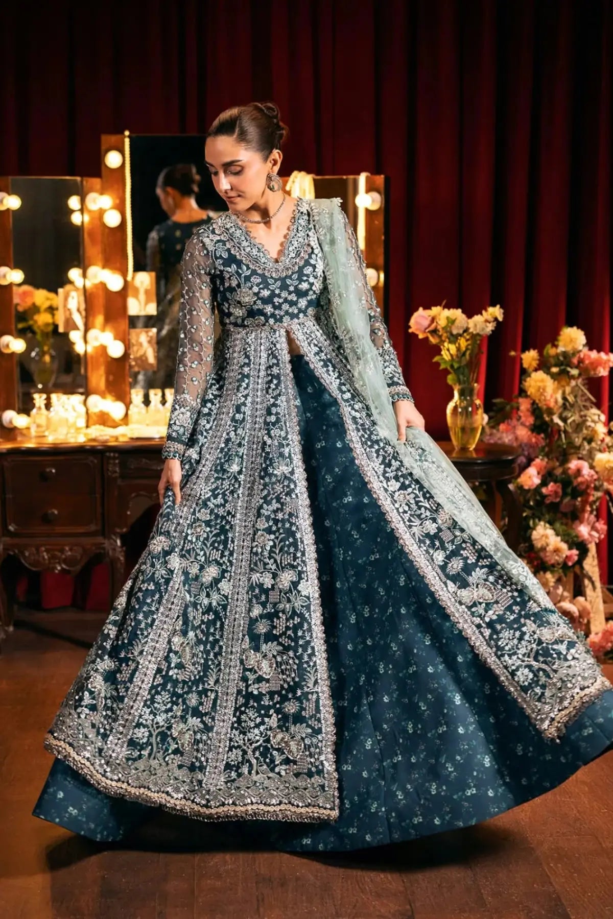 EHM-02 Melodie deep teal embellished stitched gown with lehenga and embroidered net dupatta from Elaf Serenade Formal Handwork 26