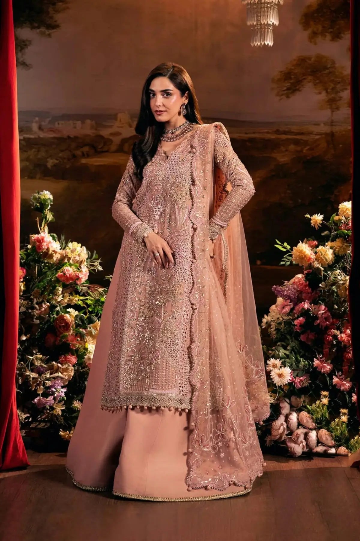 EHM-03 Valentina dusty rose organza wedding formal stitched suit with hand embellishment and embroidered net dupatta