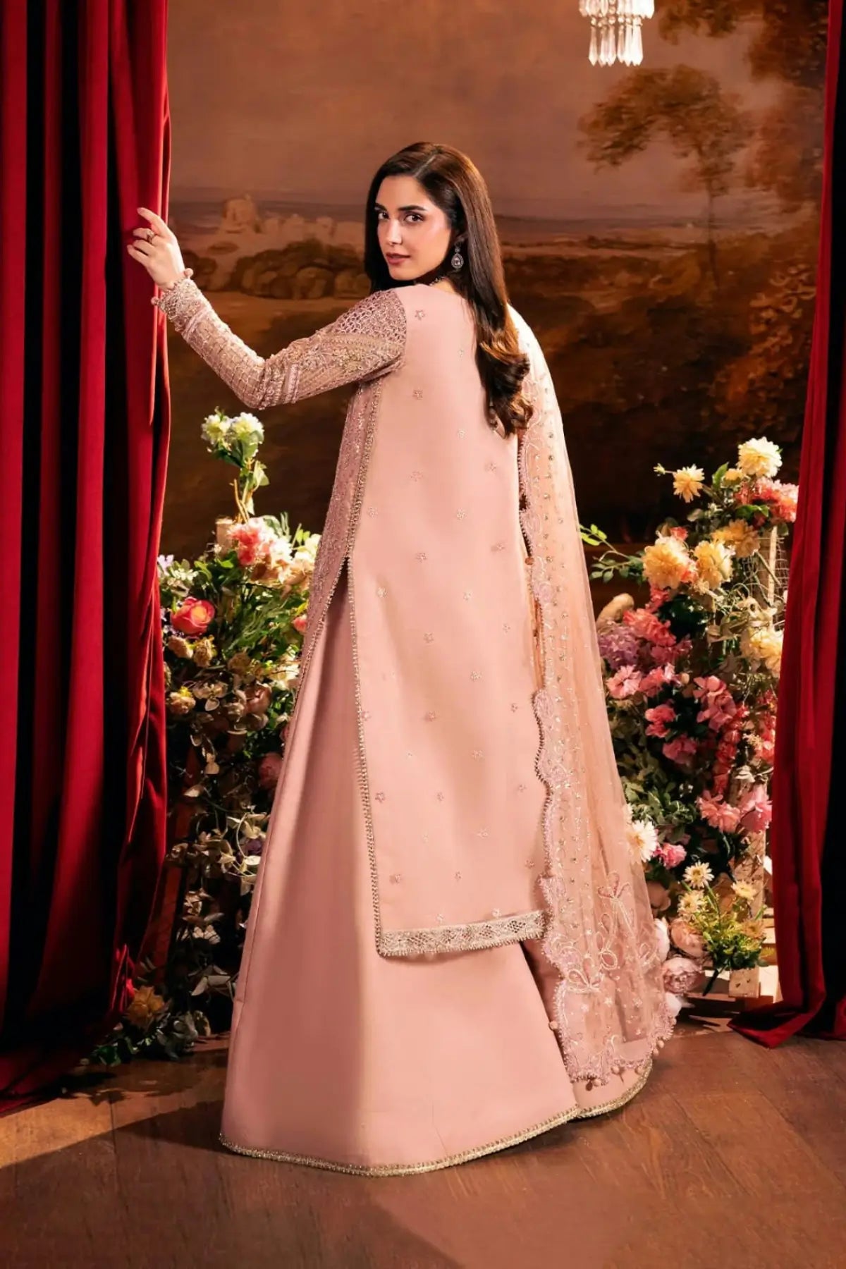 EHM-03 Valentina dusty rose organza wedding formal stitched suit with hand embellishment and embroidered net dupatta