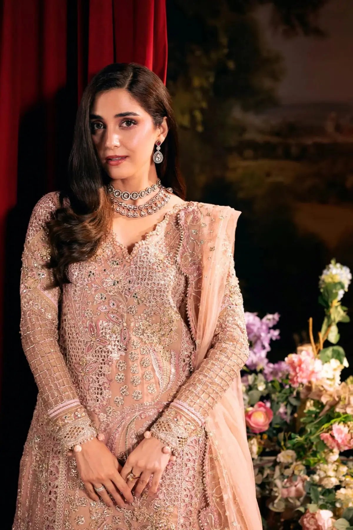 EHM-03 Valentina dusty rose organza wedding formal stitched suit with hand embellishment and embroidered net dupatta
