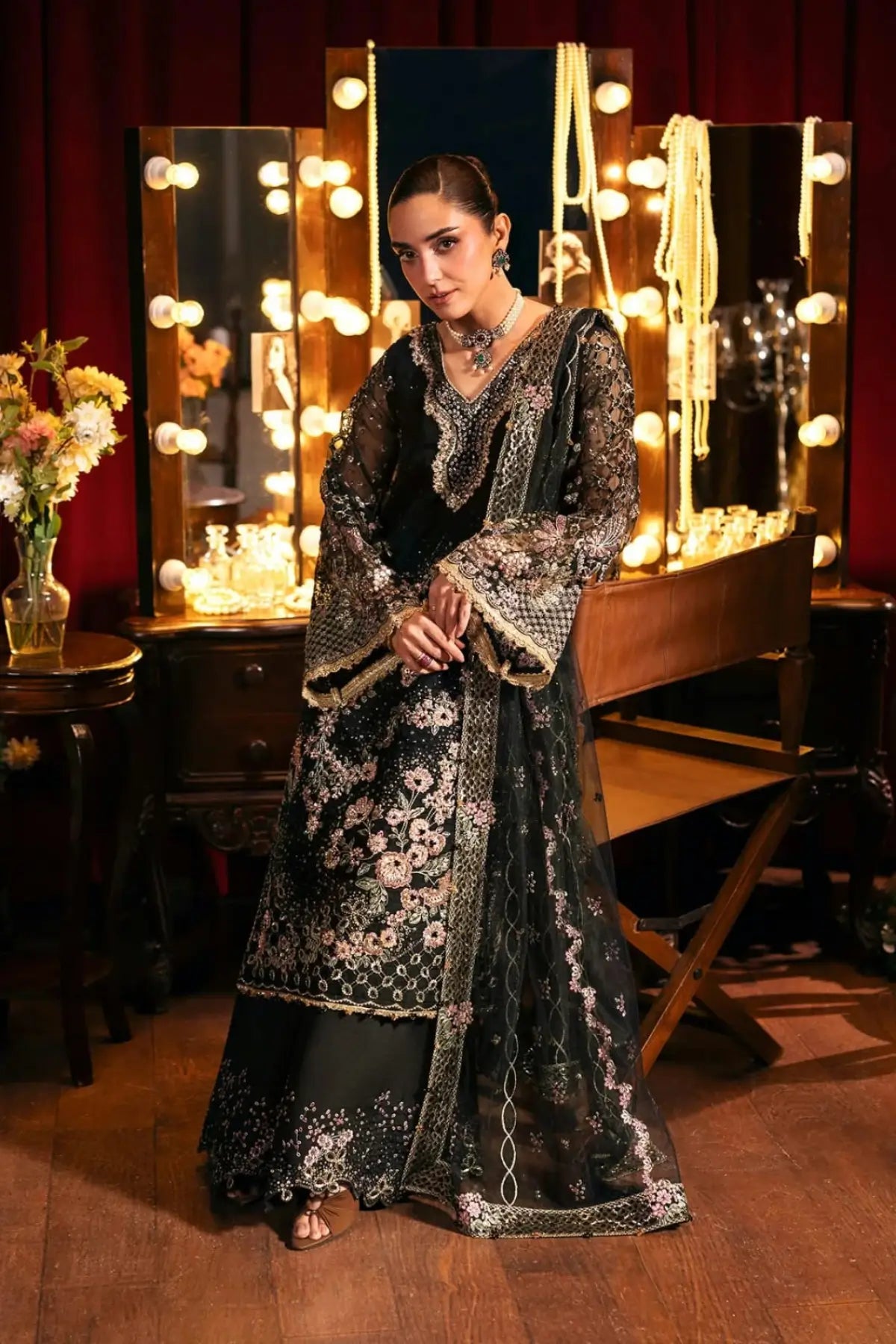 EHM-05 Masquerade black embellished formal stitched 3PC suit with embroidered organza shirt, raw silk trouser and net dupatta
