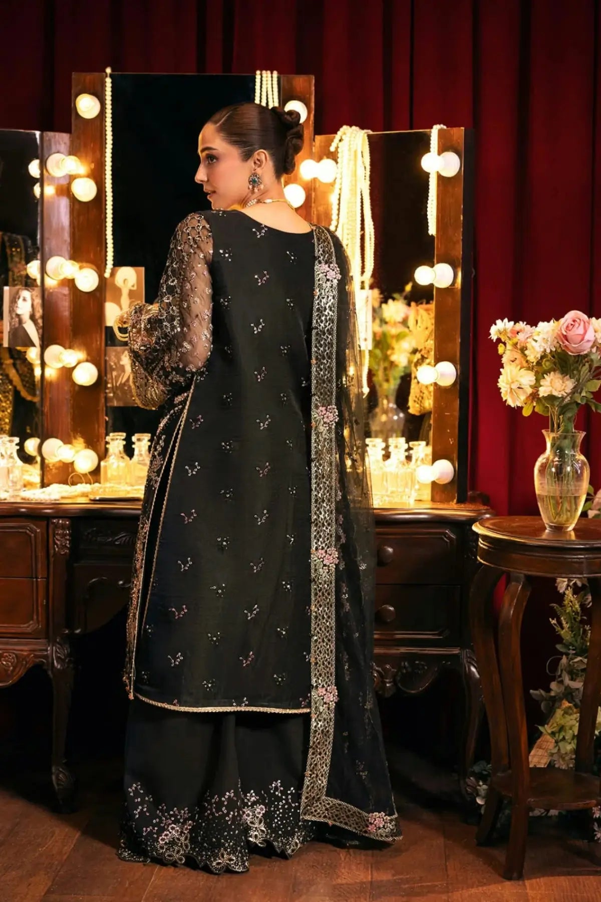 EHM-05 Masquerade black embellished formal stitched 3PC suit with embroidered organza shirt, raw silk trouser and net dupatta
