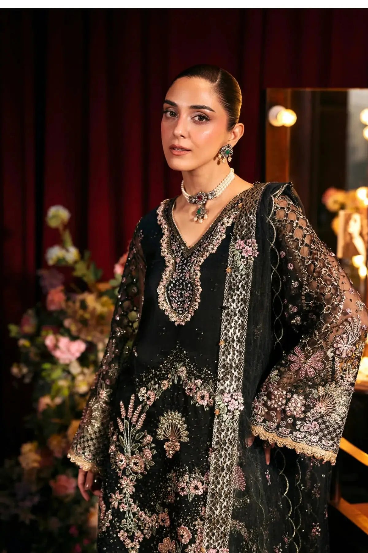 EHM-05 Masquerade black embellished formal stitched 3PC suit with embroidered organza shirt, raw silk trouser and net dupatta