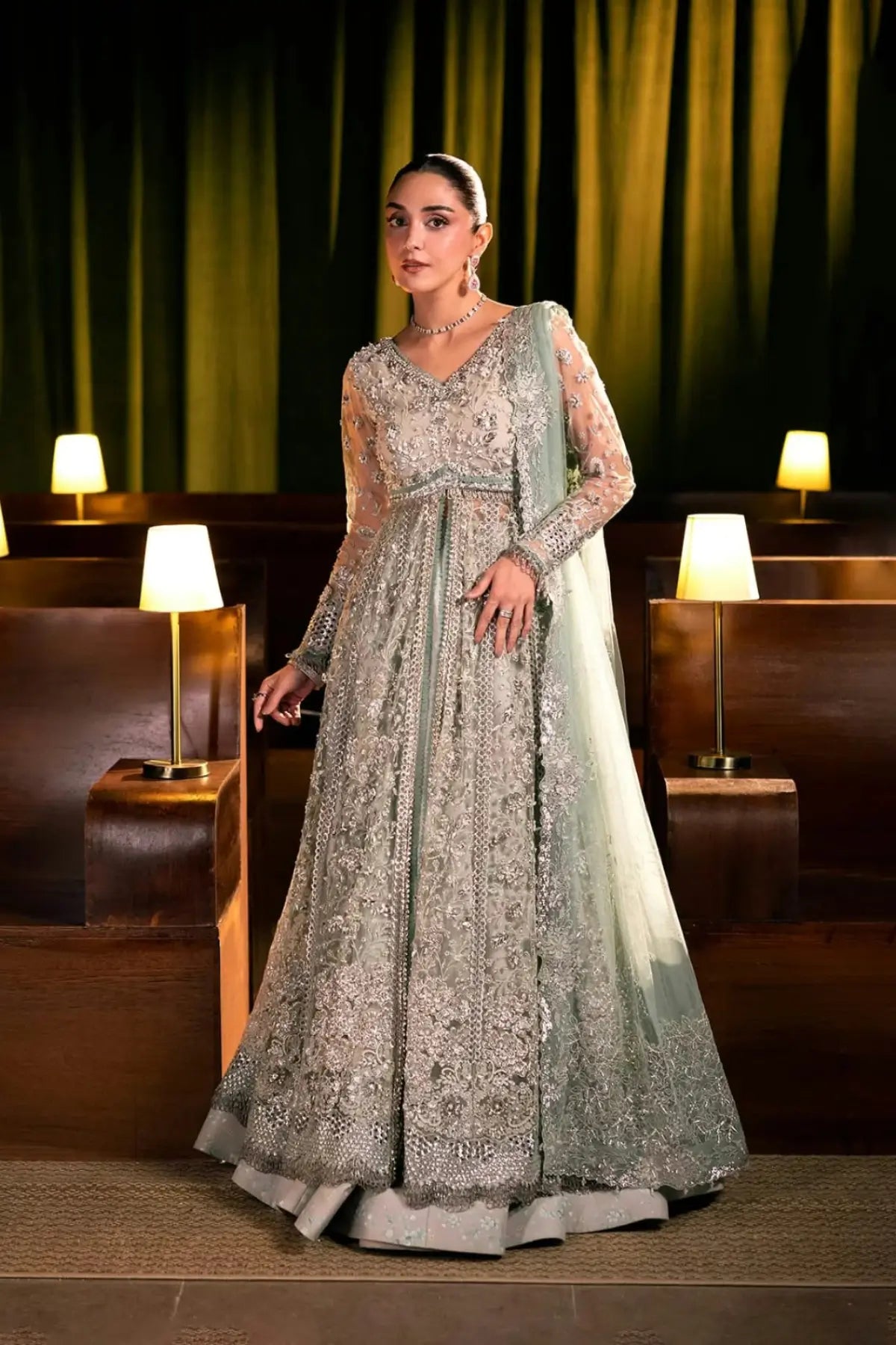 EHM-06 Moonveil mint green embellished wedding formal gown with embroidered poly net dupatta from Elaf Serenade Formal Handwork 26