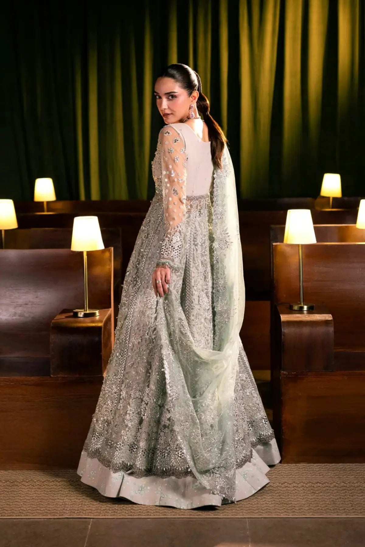 EHM-06 Moonveil mint green embellished wedding formal gown with embroidered poly net dupatta from Elaf Serenade Formal Handwork 26