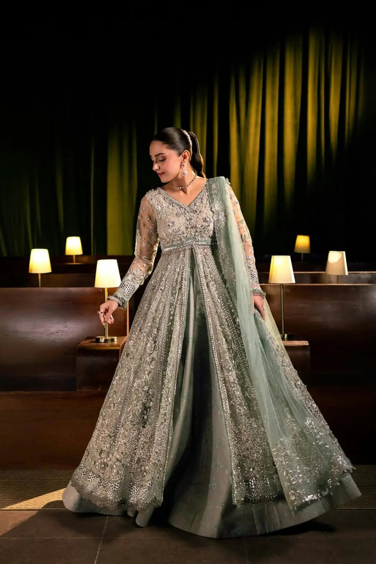 EHM-06 Moonveil mint green embellished wedding formal gown with embroidered poly net dupatta from Elaf Serenade Formal Handwork 26