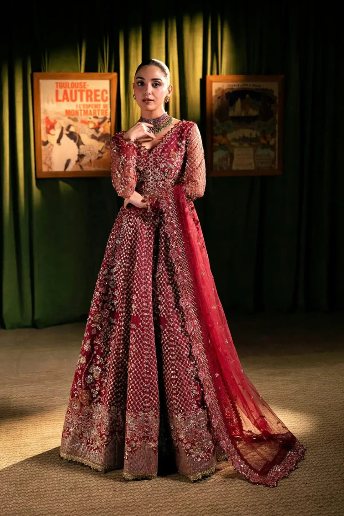 EHM-07 Amour crimson red embellished wedding lehenga choli with embroidered poly net dupatta from Elaf Serenade Formal Handwork 26