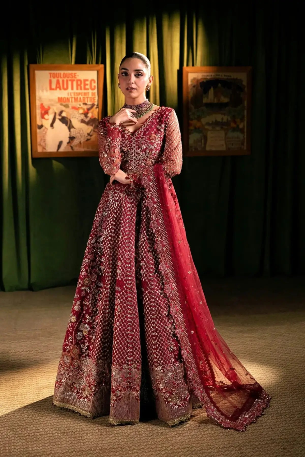 EHM-07 Amour crimson red embellished wedding lehenga choli with embroidered poly net dupatta from Elaf Serenade Formal Handwork 26