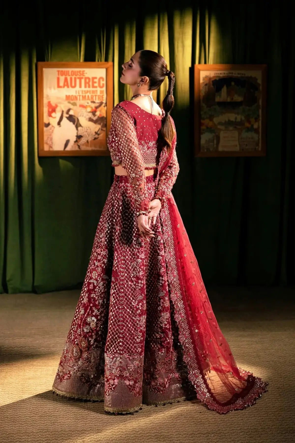 EHM-07 Amour crimson red embellished wedding lehenga choli with embroidered poly net dupatta from Elaf Serenade Formal Handwork 26