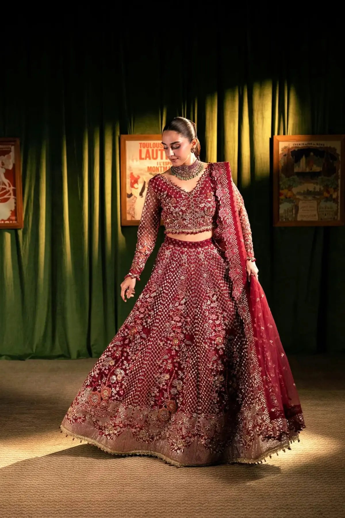 EHM-07 Amour crimson red embellished wedding lehenga choli with embroidered poly net dupatta from Elaf Serenade Formal Handwork 26