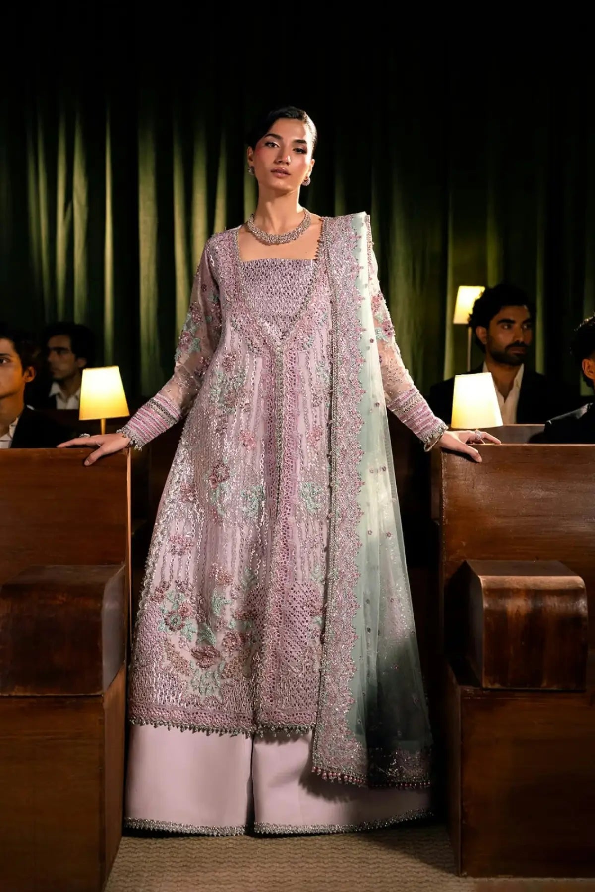 EHM-09 Ophelia lilac hand embellished wedding stitched suit with organza shirt, raw silk trouser and embroidered net dupatta