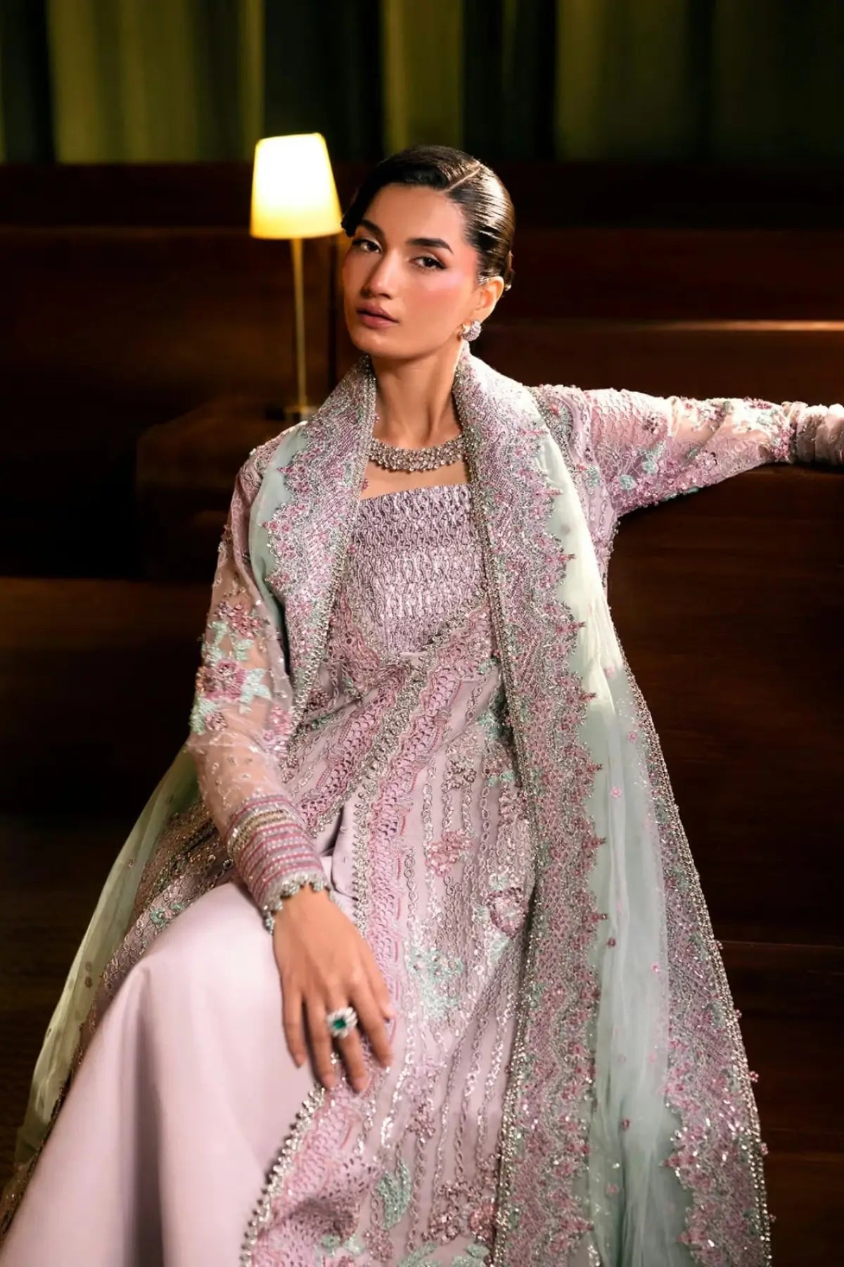 EHM-09 Ophelia lilac hand embellished wedding stitched suit with organza shirt, raw silk trouser and embroidered net dupatta