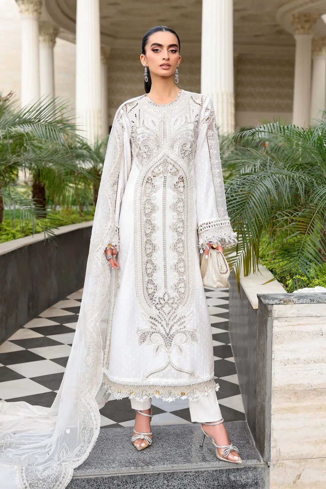EL-26-01 Maria B off-white festive jacquard lawn suit with pearls, cambric trouser and net dupatta