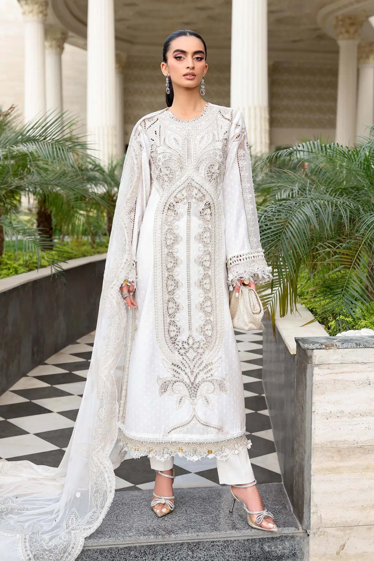EL-26-01 Maria B off-white festive jacquard lawn suit with pearls, cambric trouser and net dupatta