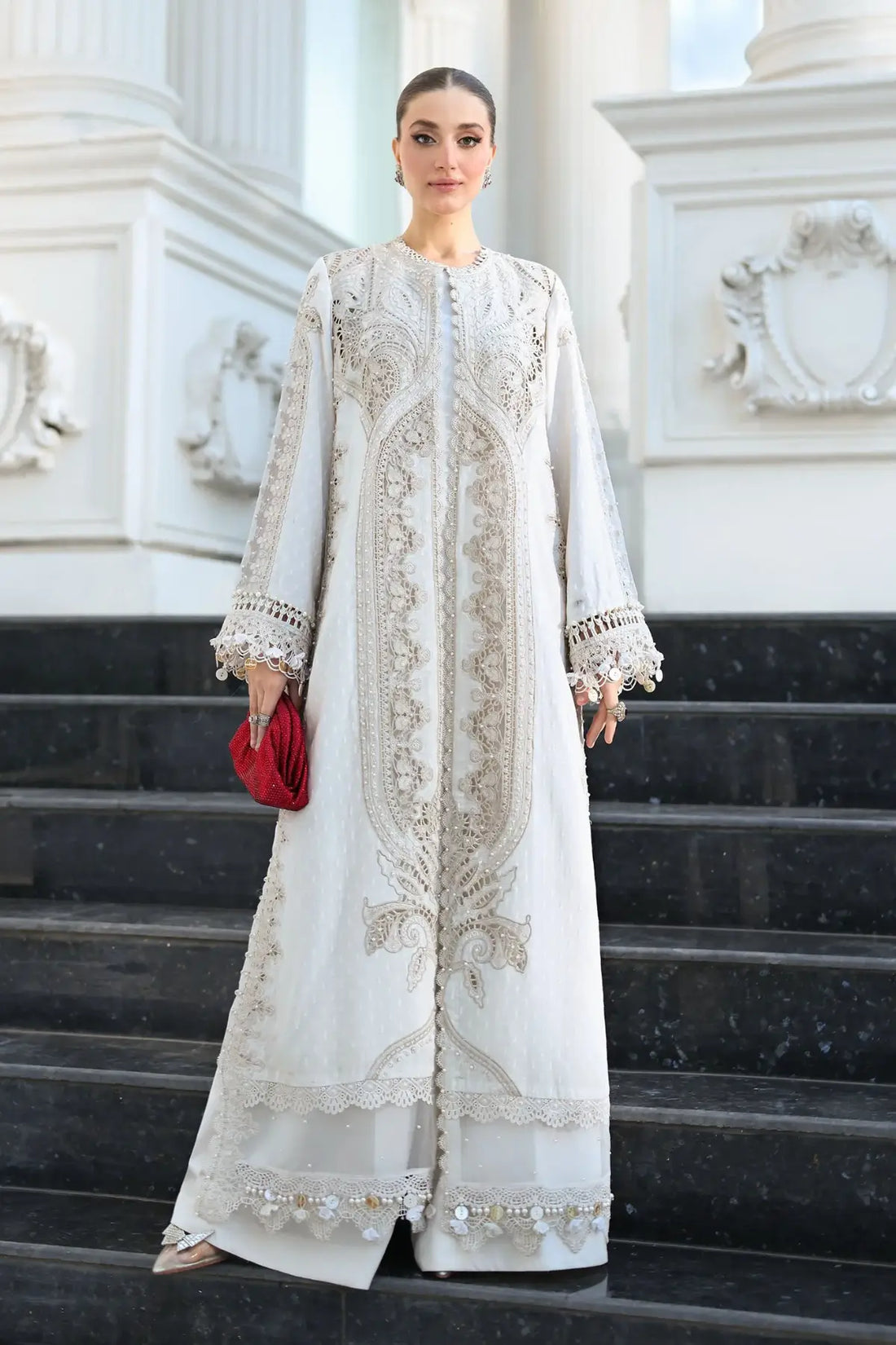 EL-26-01 Maria B off-white festive jacquard lawn suit with pearls, cambric trouser and net dupatta