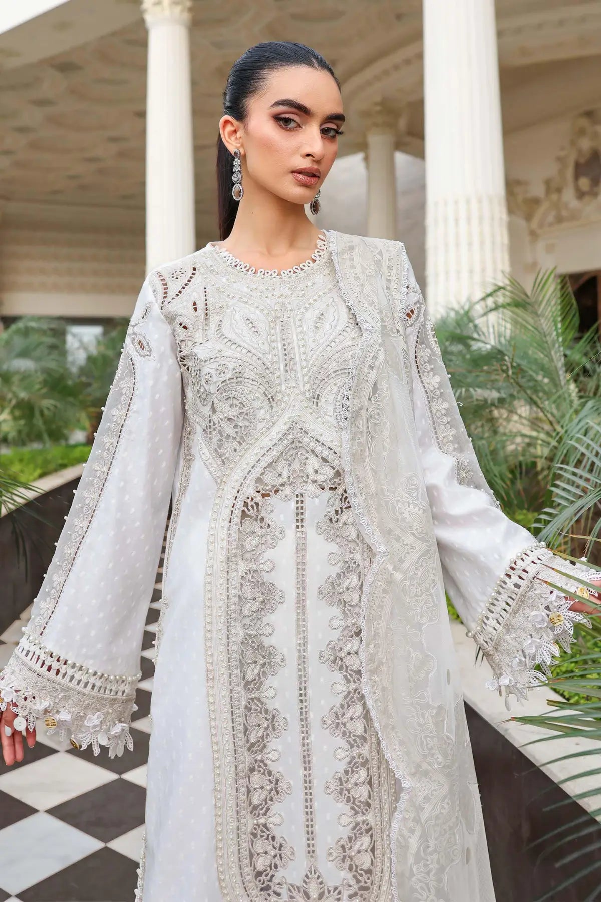 EL-26-01 Maria B off-white festive jacquard lawn suit with pearls, cambric trouser and net dupatta