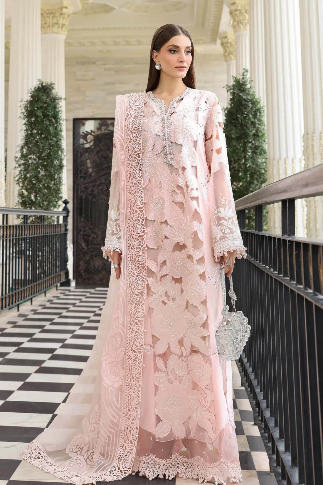 EL-26-02 Maria B pink stitched lawn suit with organza neck lace, cambric trouser and pearl sleeve detail