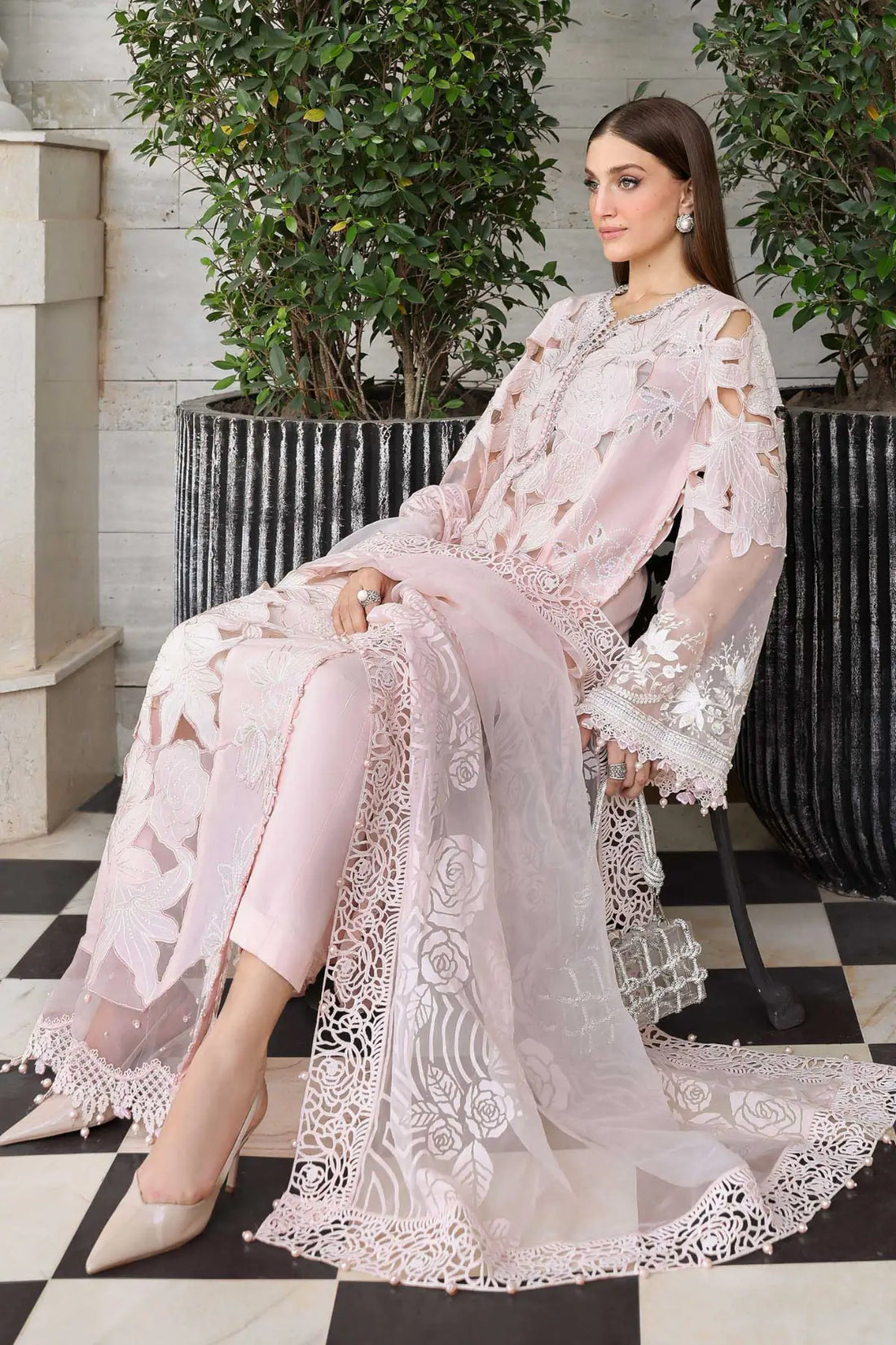 EL-26-02 Maria B pink stitched lawn suit with organza neck lace, cambric trouser and pearl sleeve detail