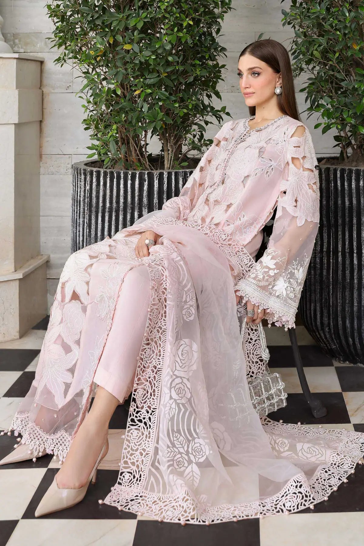 EL-26-02 Maria B pink stitched lawn suit with organza neck lace, cambric trouser and pearl sleeve detail