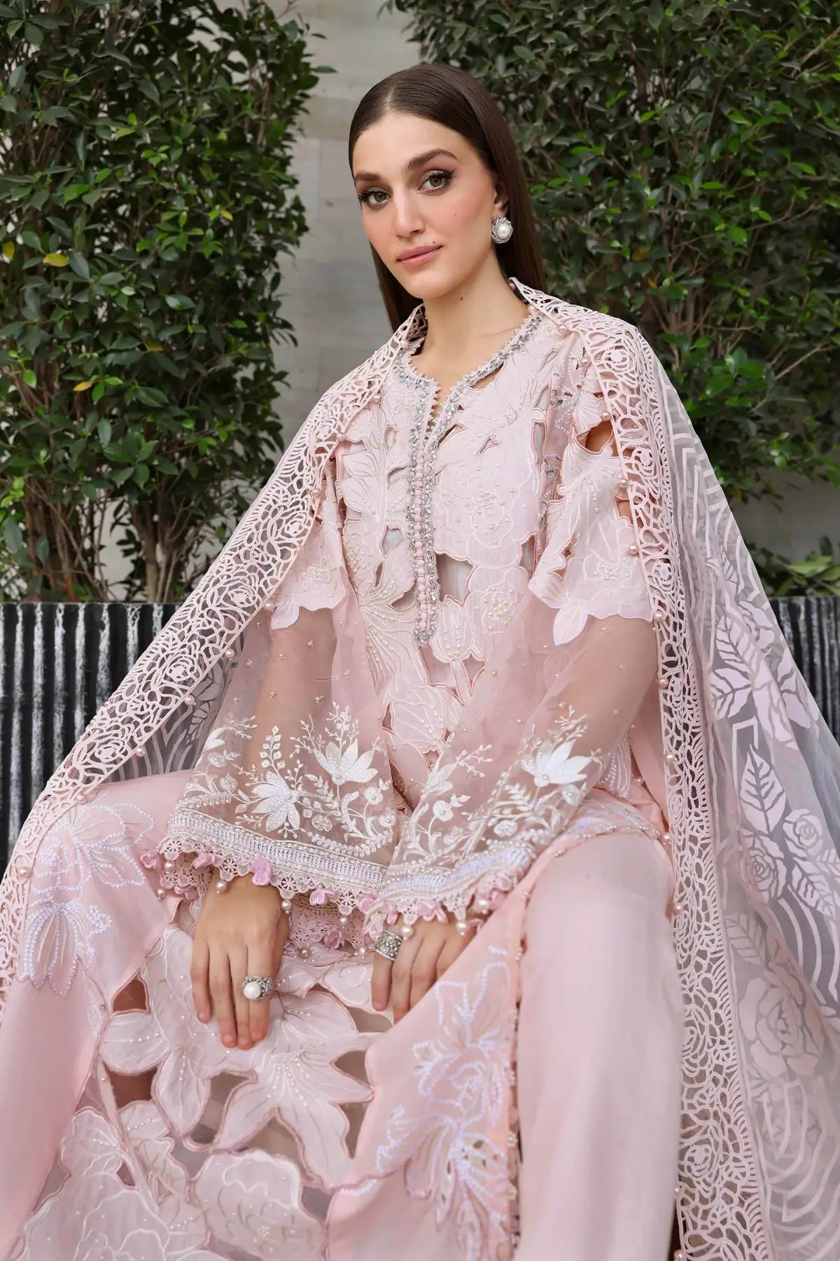 EL-26-02 Maria B pink stitched lawn suit with organza neck lace, cambric trouser and pearl sleeve detail