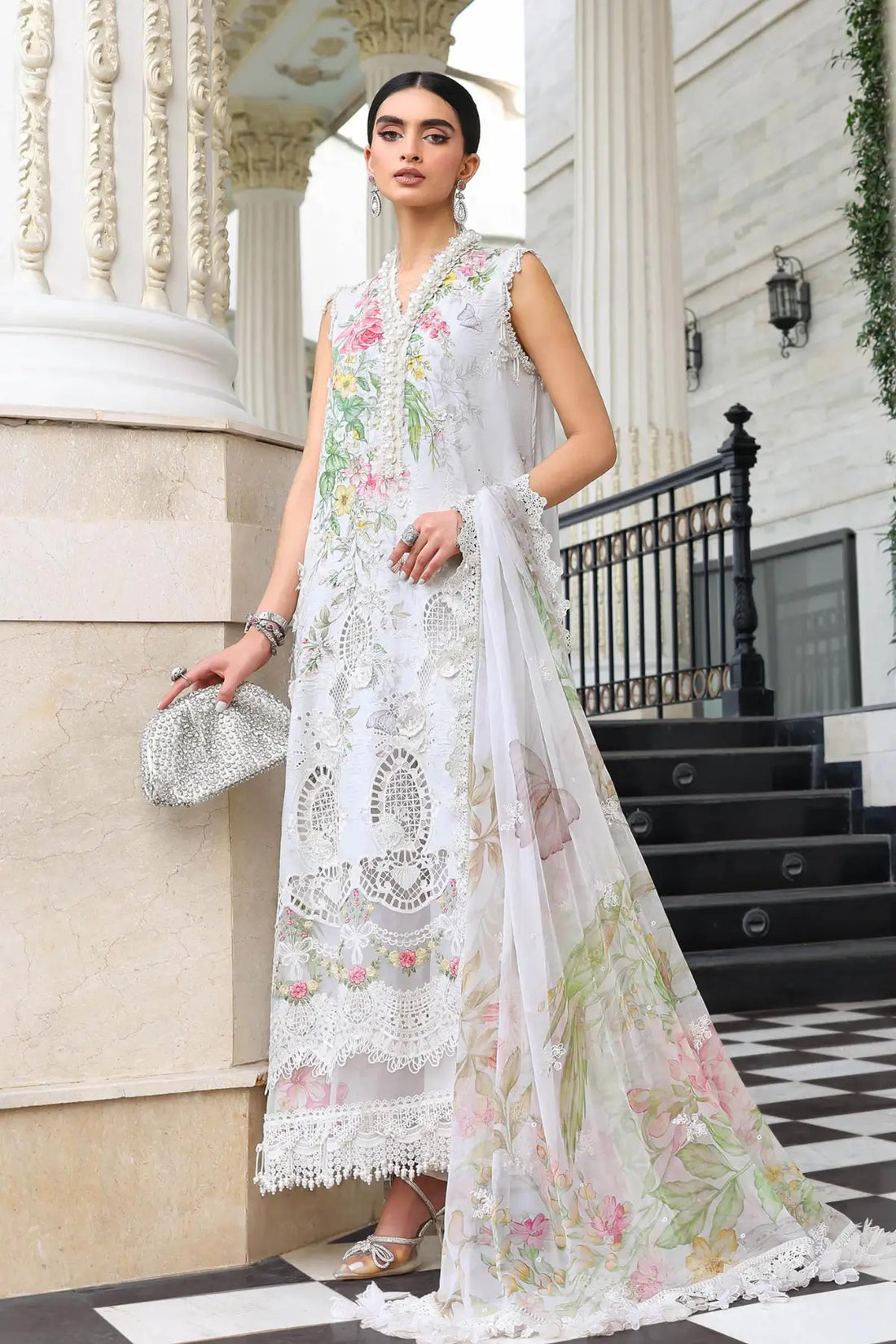 EL-26-03 Off-White Maria B lawn stitched 3PC suit with pearl neck lace, 3D flowers and chiffon dupatta