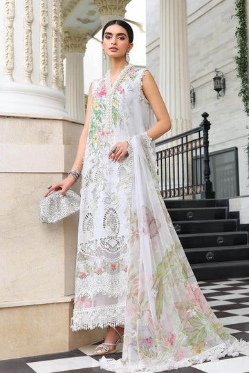 EL-26-03 Off-White Maria B lawn stitched 3PC suit with pearl neck lace, 3D flowers and chiffon dupatta