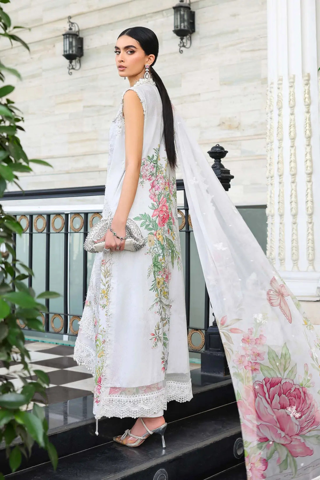 EL-26-03 Off-White Maria B lawn stitched 3PC suit with pearl neck lace, 3D flowers and chiffon dupatta
