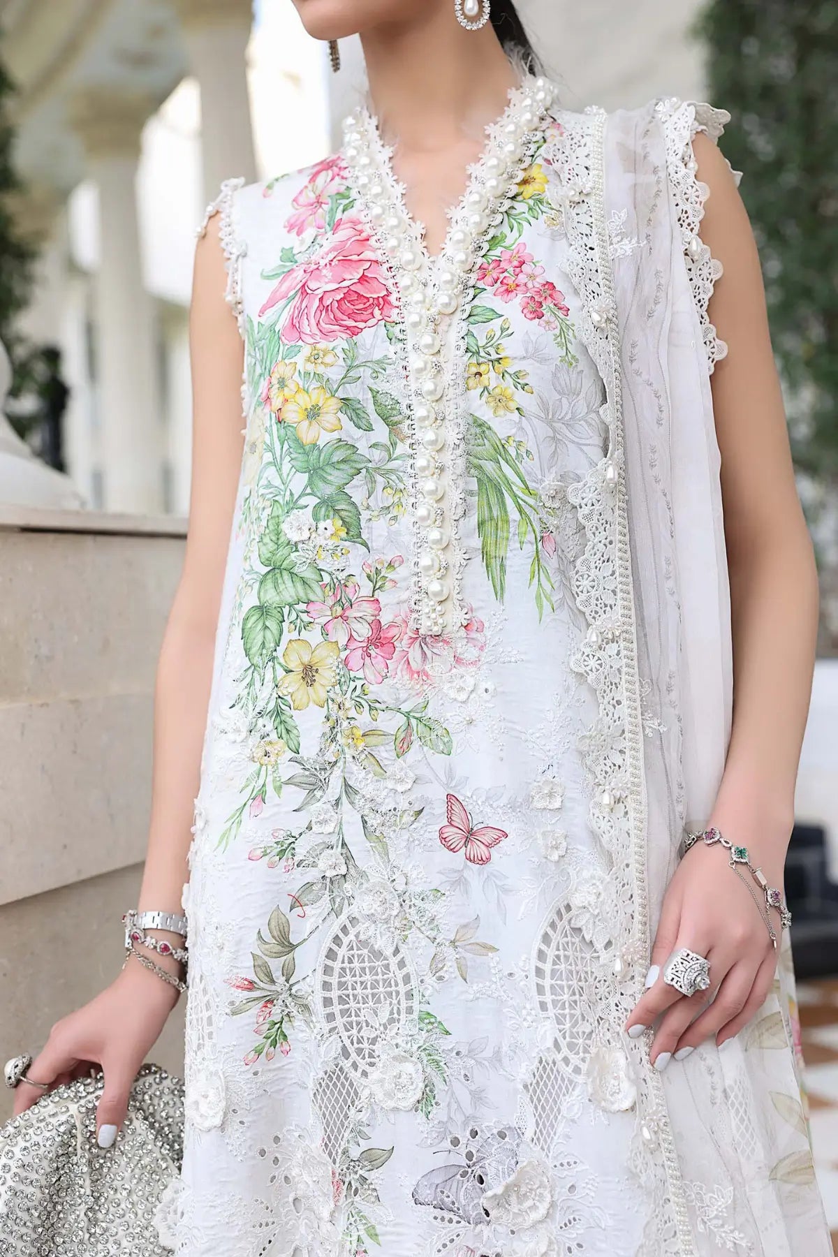 EL-26-03 Off-White Maria B lawn stitched 3PC suit with pearl neck lace, 3D flowers and chiffon dupatta