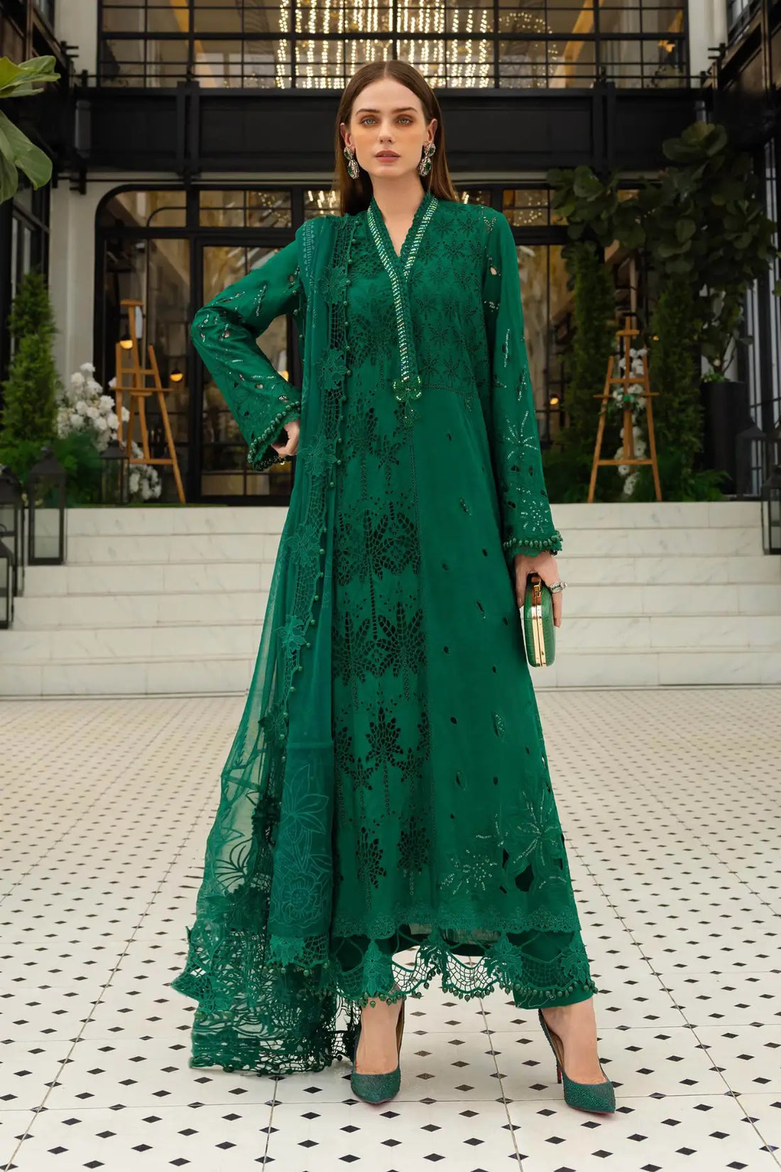EL-26-04 Emerald Green Maria B Eid lawn suit with brooch detail, diamante lace and paste print net dupatta 