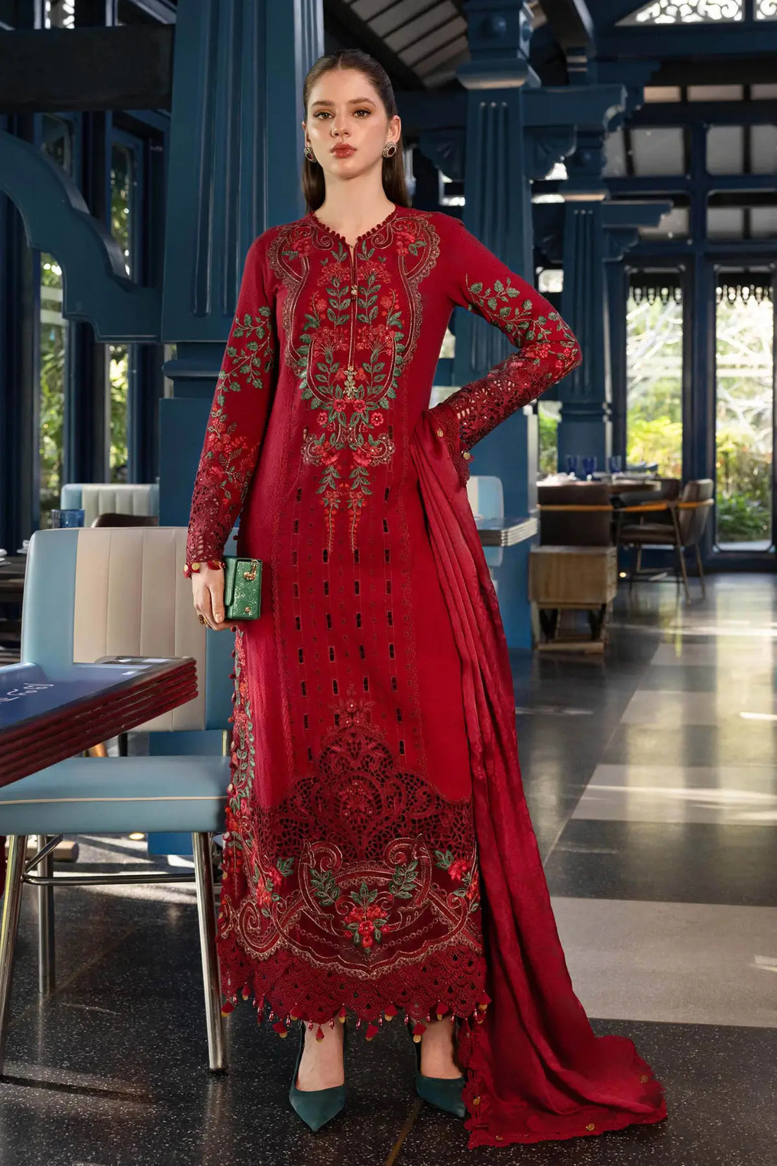 EL-26-05 Maria B red jacquard lawn suit with embroidered centre panel, organza chaak and burnout silk dupatta