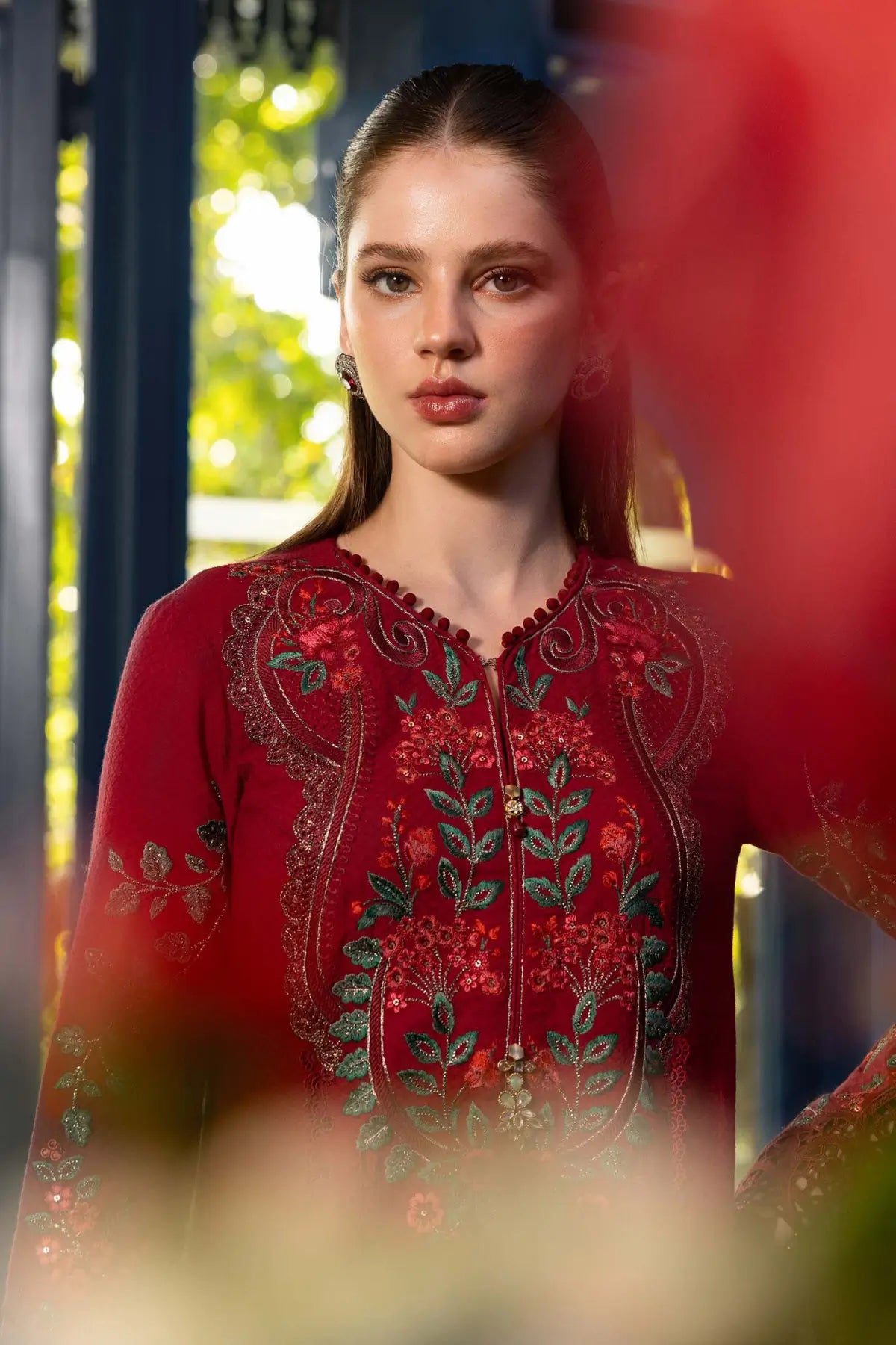 EL-26-05 Maria B red jacquard lawn suit with embroidered centre panel, organza chaak and burnout silk dupatta