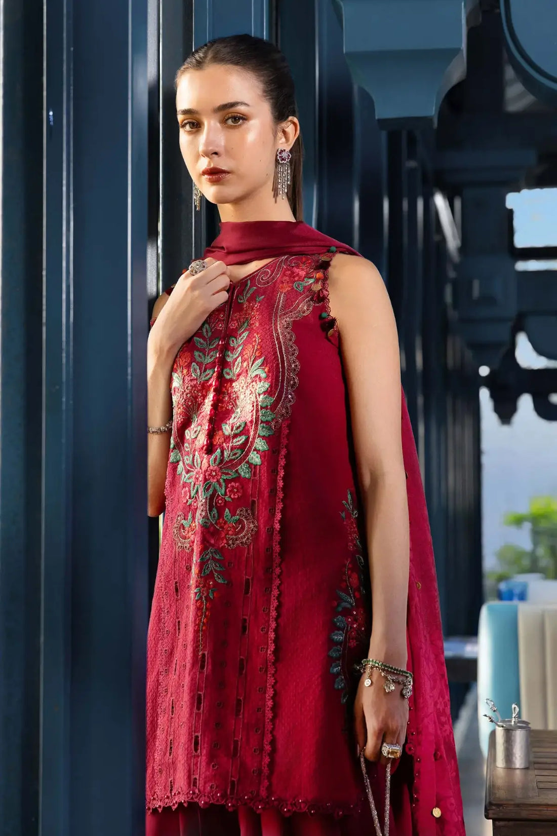 EL-26-05 Maria B red jacquard lawn suit with embroidered centre panel, organza chaak and burnout silk dupatta