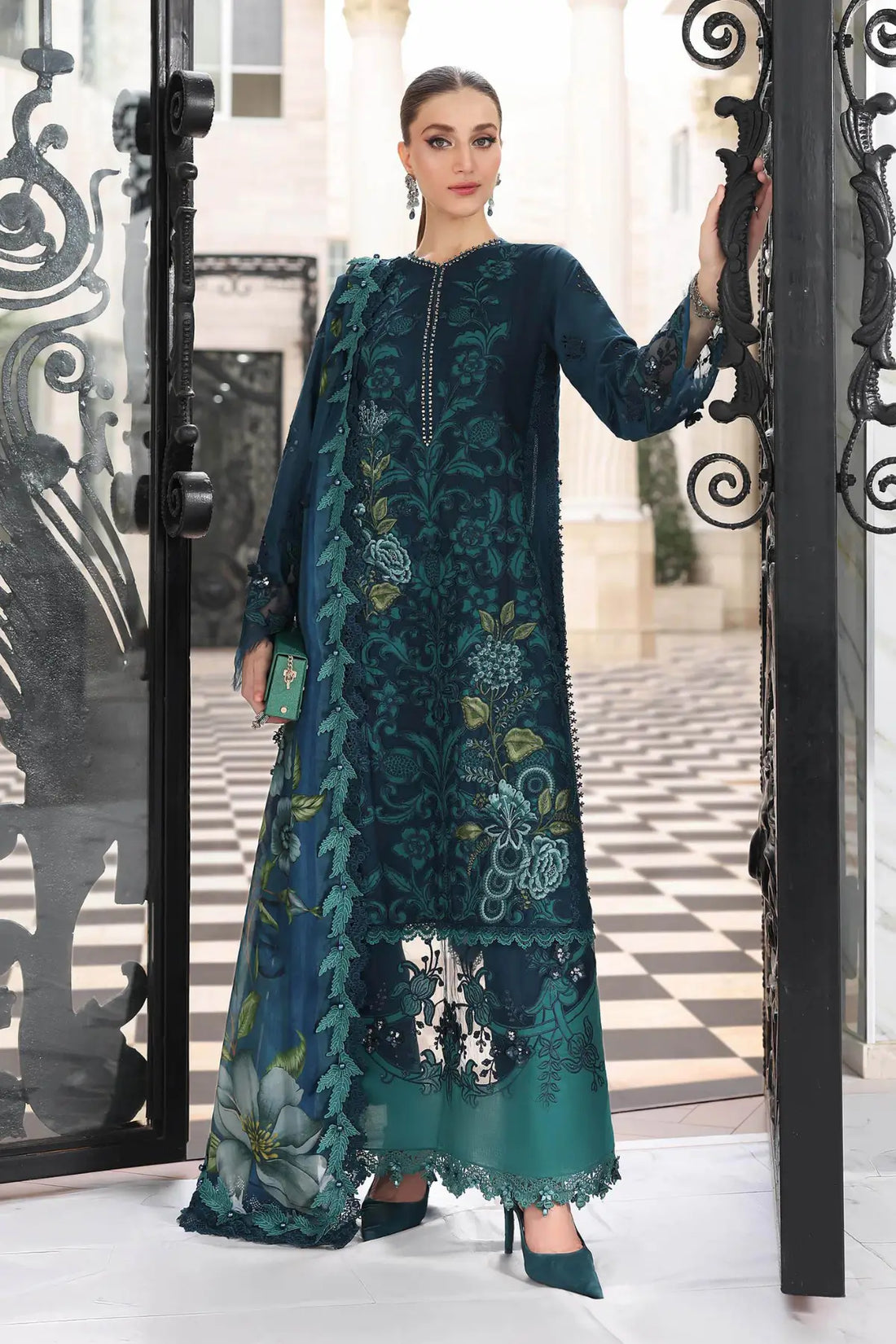 Sea green Maria B lawn stitched 3PC suit with silk dupatta