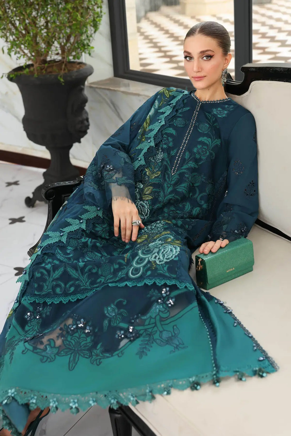 Sea green Maria B lawn stitched 3PC suit with silk dupatta