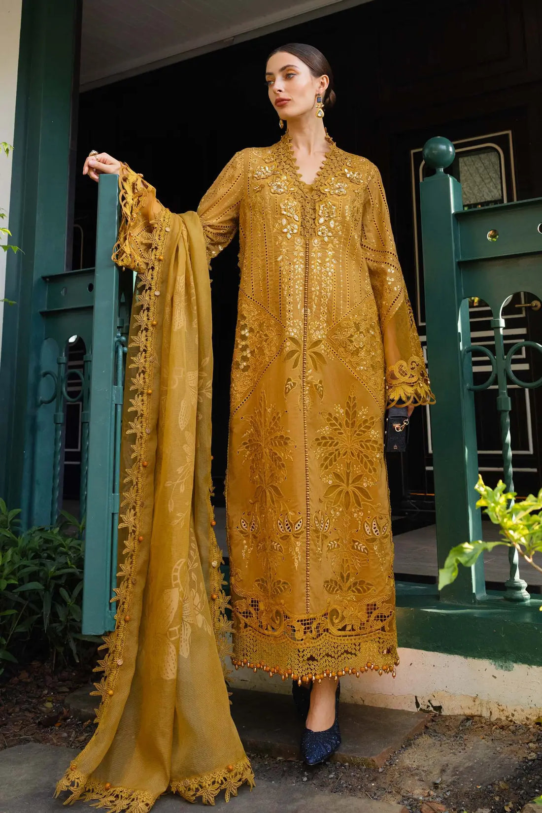 EL-26-07 Mustard Maria B designer embroidered lawn stitched suit with organza applique and 3D floral work