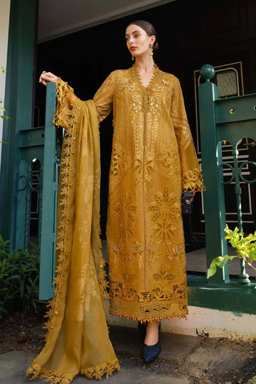 EL-26-07 Mustard Maria B designer embroidered lawn stitched suit with organza applique and 3D floral work