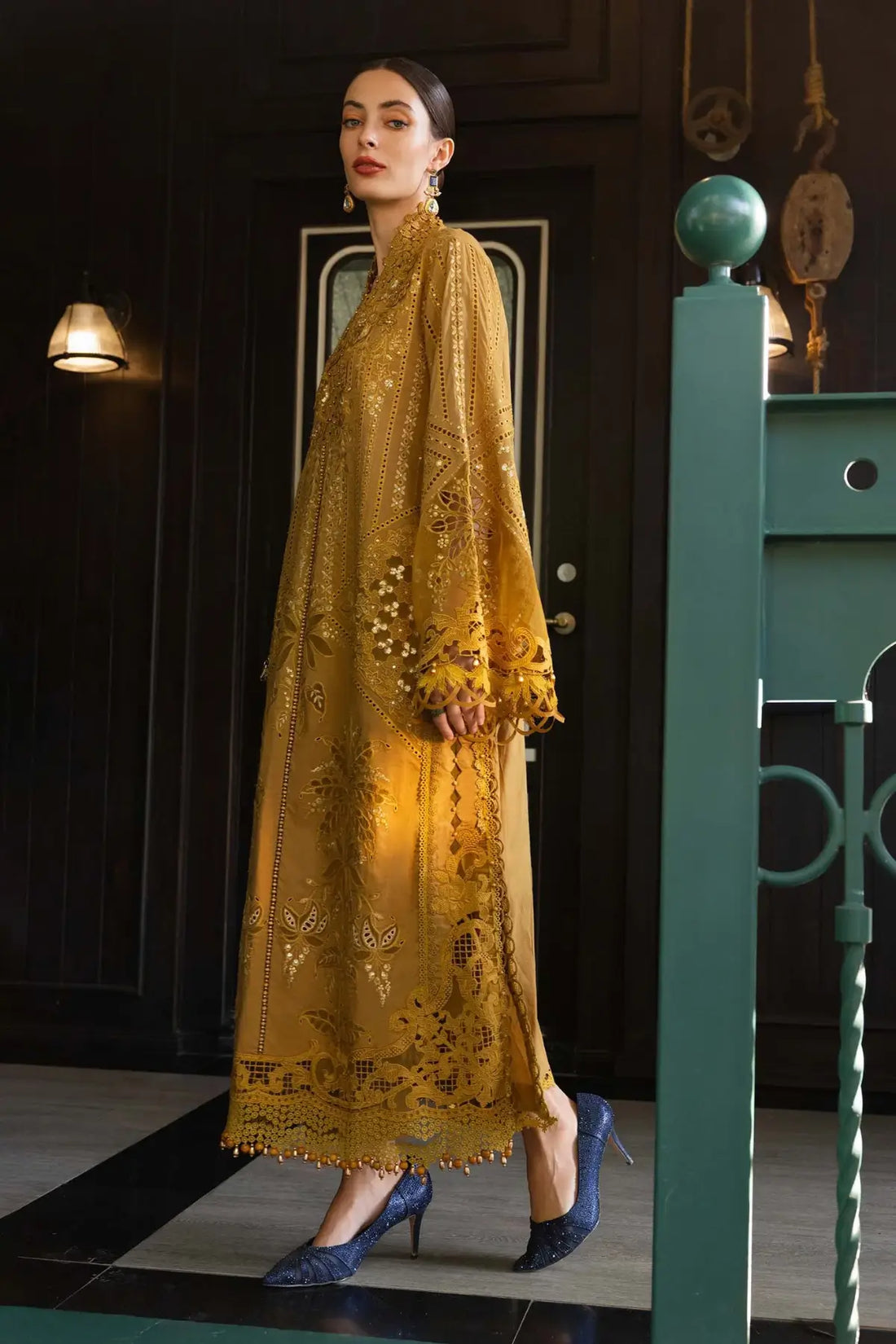 EL-26-07 Mustard Maria B designer embroidered lawn stitched suit with organza applique and 3D floral work
