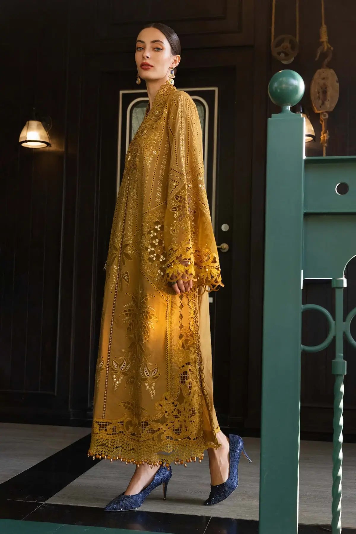 EL-26-07 Mustard Maria B designer embroidered lawn stitched suit with organza applique and 3D floral work