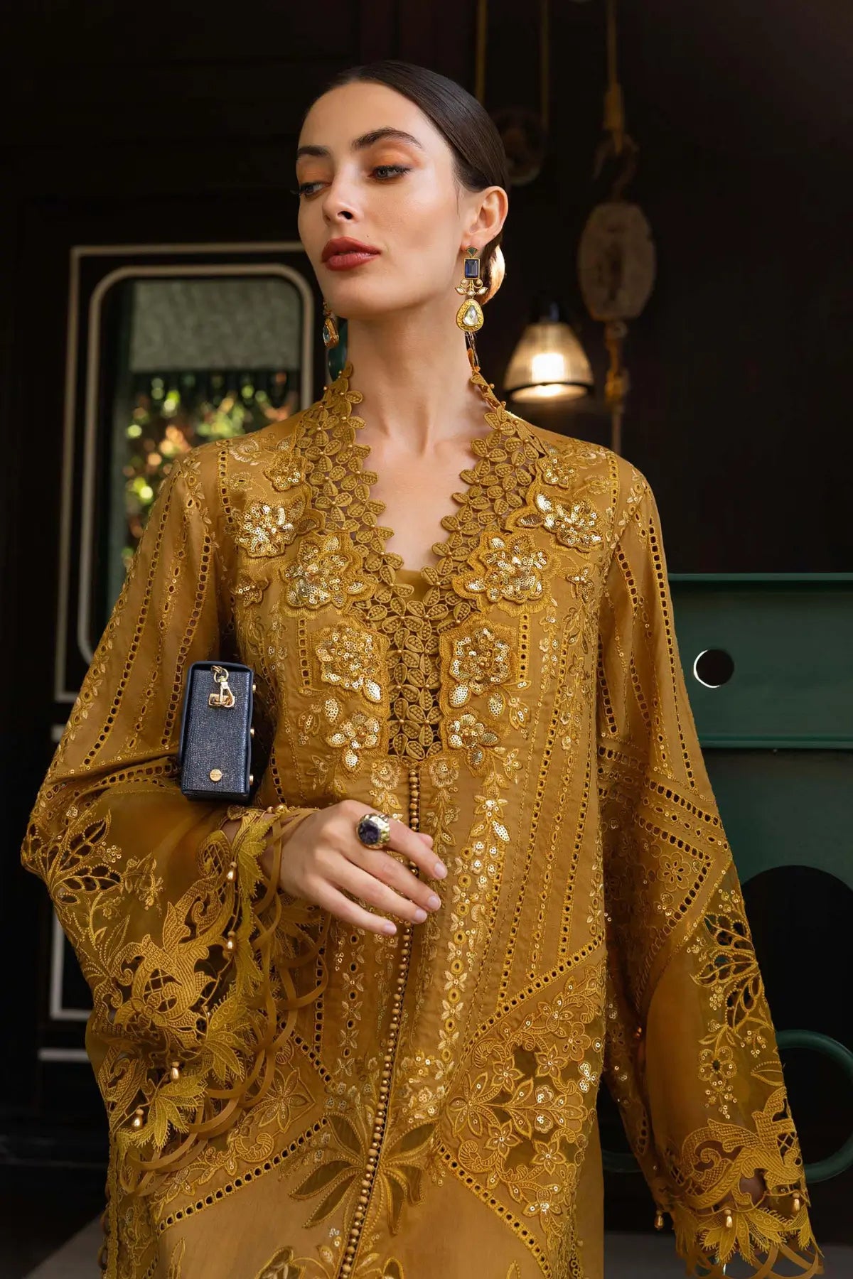 EL-26-07 Mustard Maria B designer embroidered lawn stitched suit with organza applique and 3D floral work