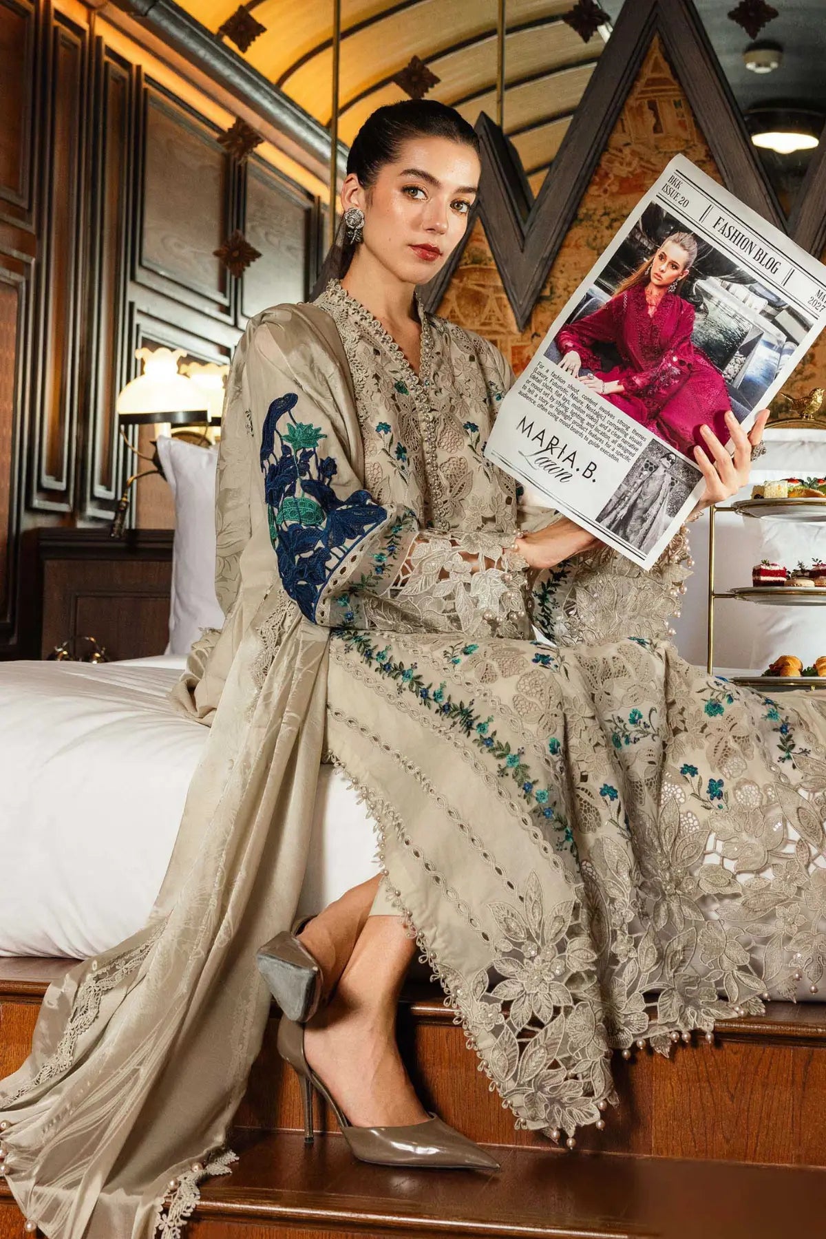 Coffee Maria B embroidered lawn stitched 3PC suit with silk dupatta