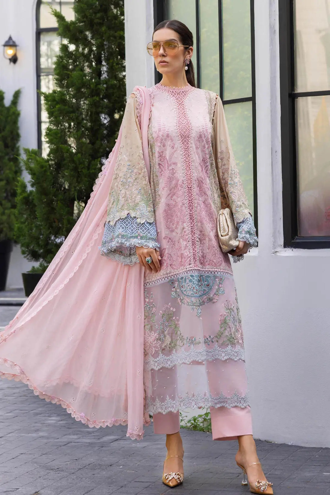 EL-26-09 Maria B pink summer lawn suit with embroidered neck lace, organza patch, cambric trouser and chiffon dupatta
