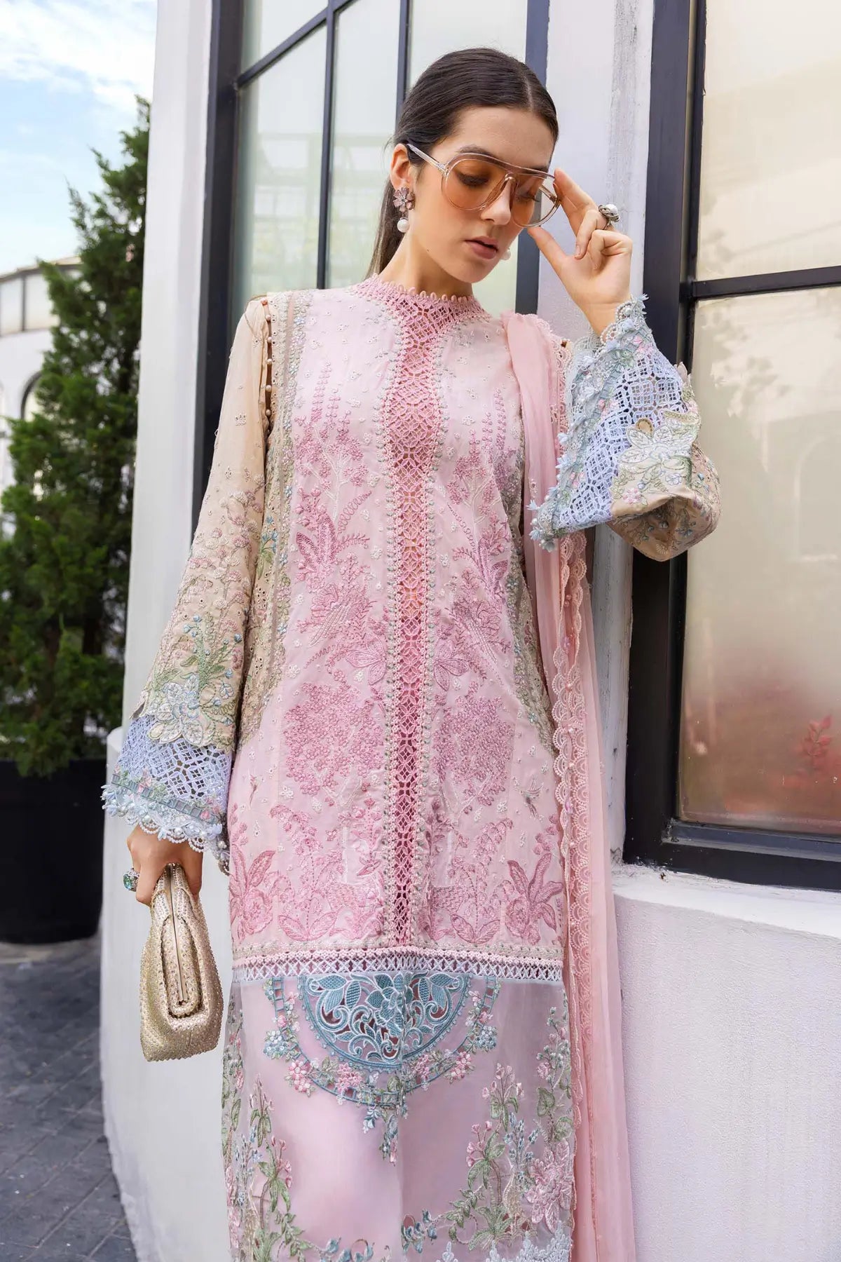 EL-26-09 Maria B pink summer lawn suit with embroidered neck lace, organza patch, cambric trouser and chiffon dupatta