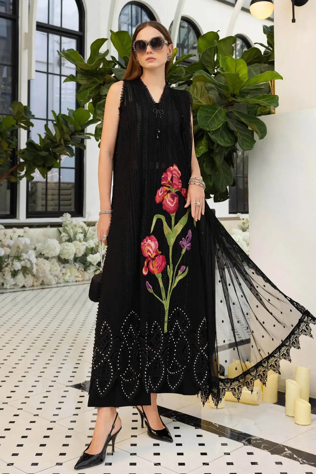 EL-26-10 Maria B black lawn stitched suit with organza front patch, diamante accents and embroidered net dupatta online today